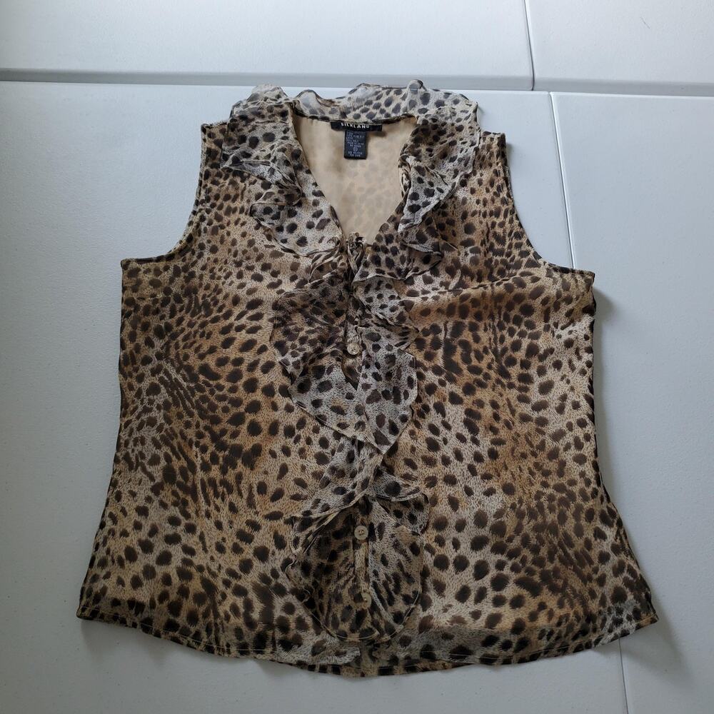 90s Silkland Blouse Womens Medium Brown Leopard Silk Ruffle Sleeveless Top - Picture 6 of 9